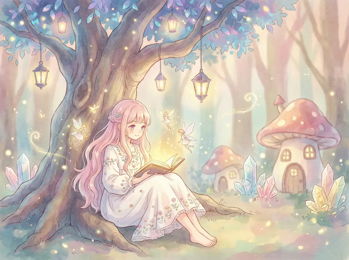 星光之约 楼凤 - 魔法森林中阅读故事书的粉发少女与精灵